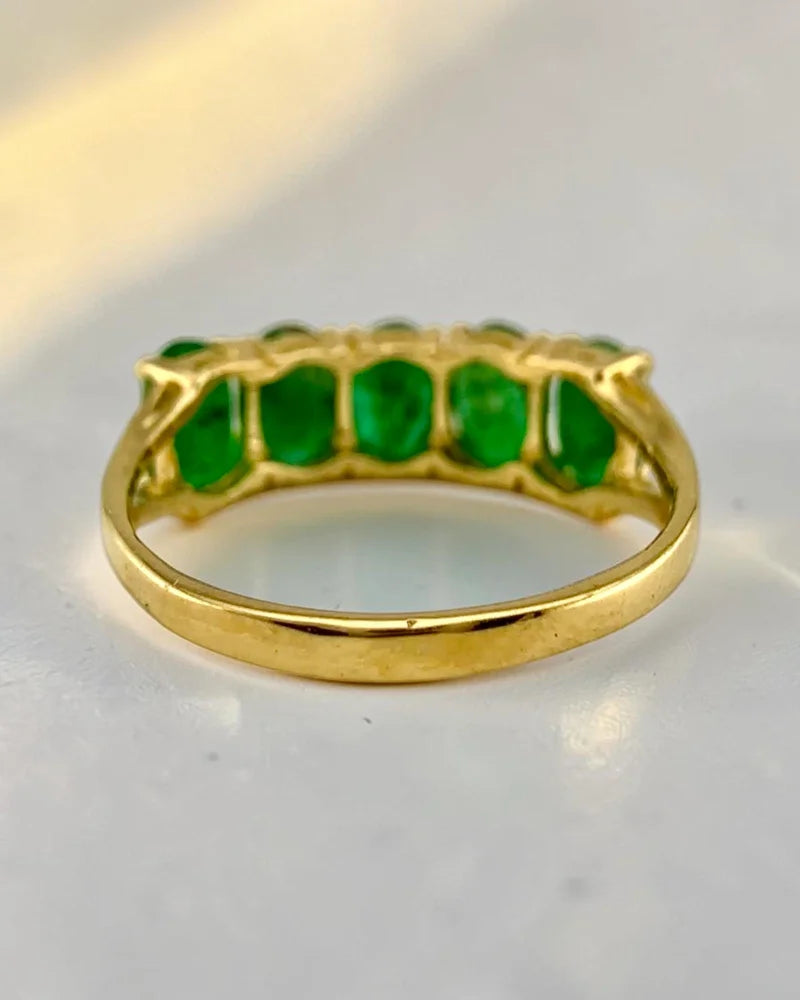 10K Yellow Gold Natural Emerald 5-Stone Ring - 10K Gold - Free shipping - 7