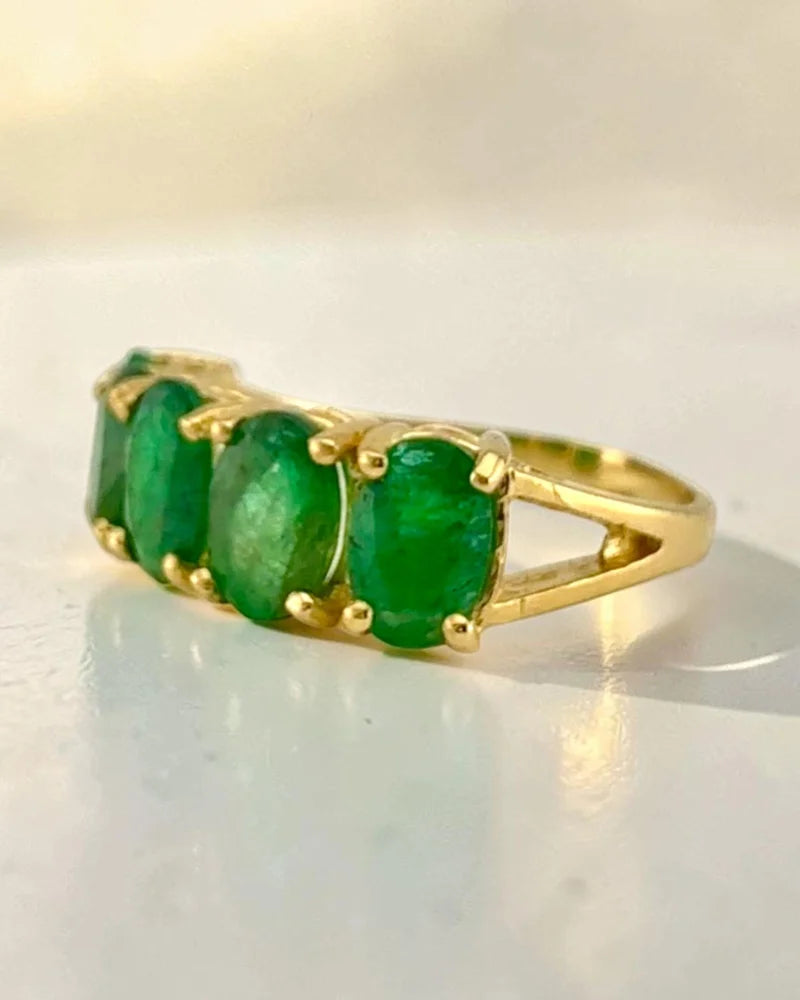 10K Yellow Gold Natural Emerald 5-Stone Ring - 10K Gold - Free shipping - 3