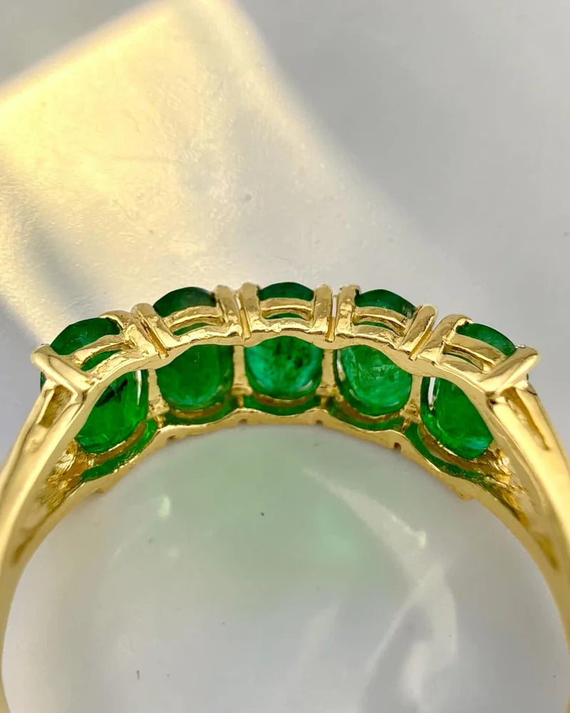 10K Yellow Gold Natural Emerald 5-Stone Ring - 10K Gold - Free shipping - 8