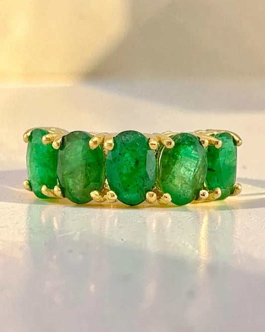 10K Yellow Gold Natural Emerald 5-Stone Ring - 10K Gold - Free shipping - 1
