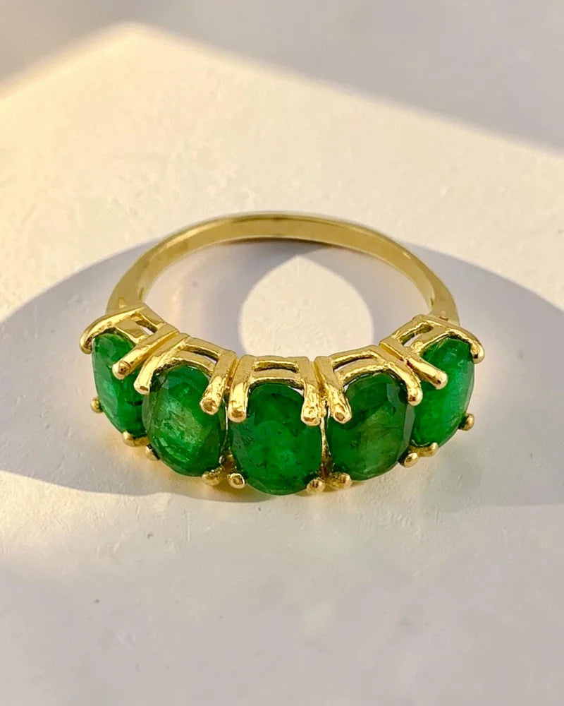 10K Yellow Gold Natural Emerald 5-Stone Ring - 10K Gold - Free shipping - 6