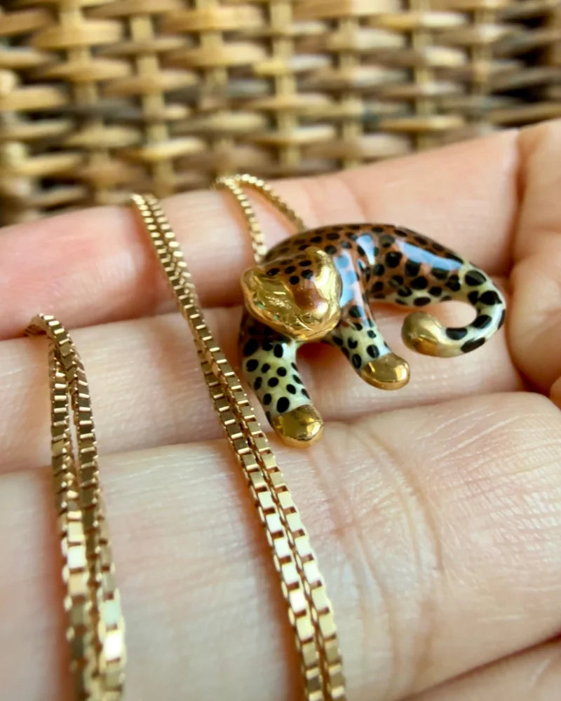 14K Enamel Spotted Big Cat Pendant - 14K Solid Gold - Free shipping - 7