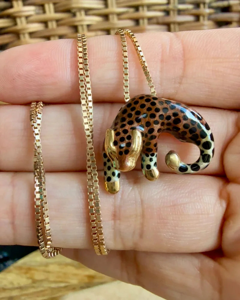 14K Enamel Spotted Big Cat Pendant - 14K Solid Gold - Free shipping - 3