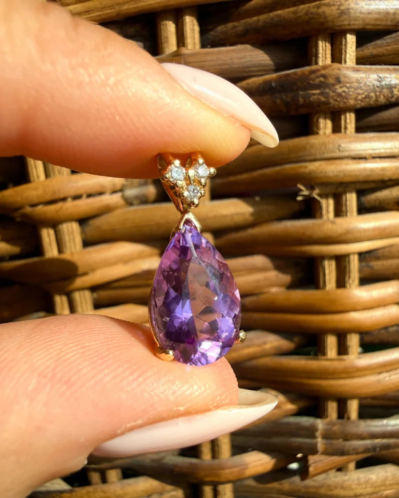 14K Gold 4 ct Amethyst and Diamond Pendant - 14K Solid Gold - Free shipping - 2