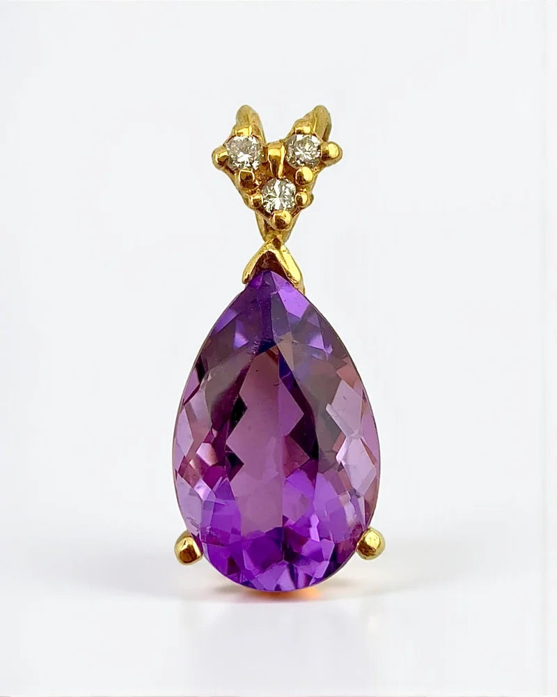 14K Gold 4 ct Amethyst and Diamond Pendant - 14K Solid Gold - Free shipping - 1