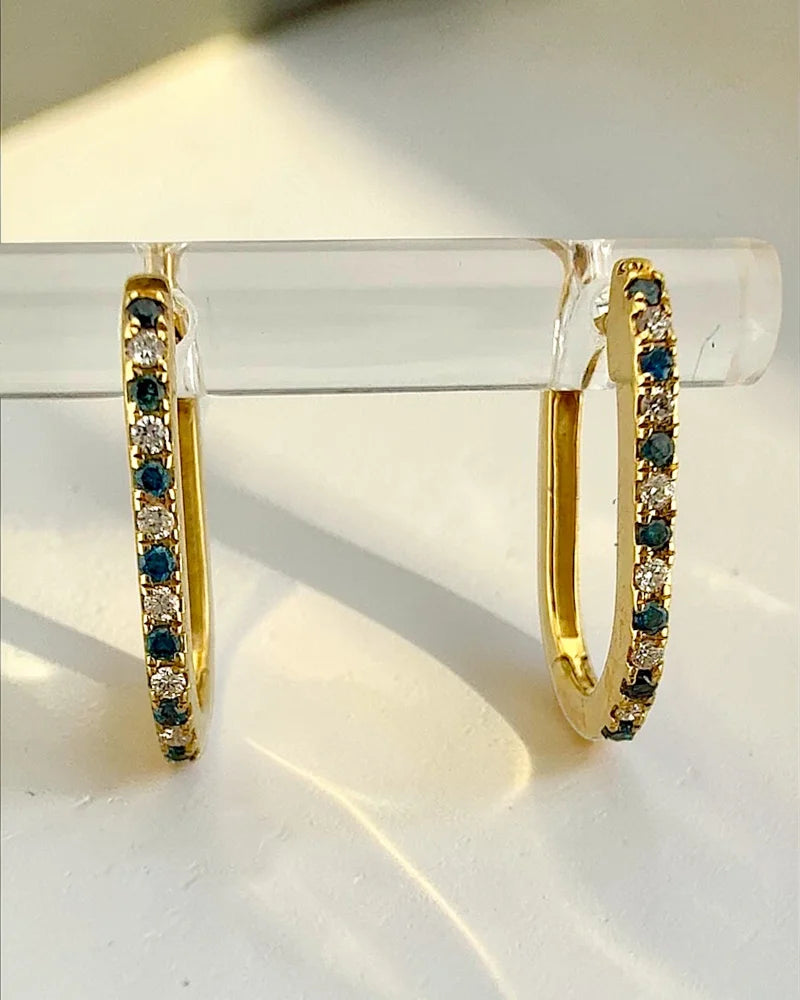 14K Gold Blue and White Diamond Hoop Earrings - 14K Solid Gold - Free shipping - 1