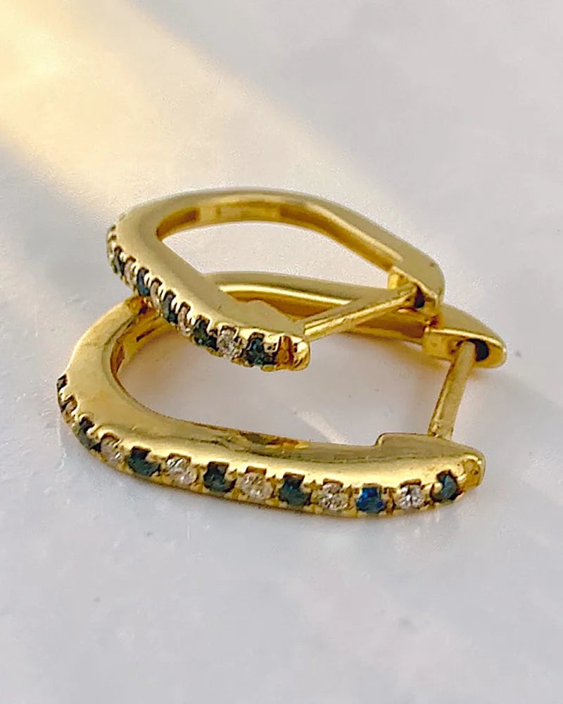 14K Gold Blue and White Diamond Hoop Earrings - 14K Solid Gold - Free shipping - 6