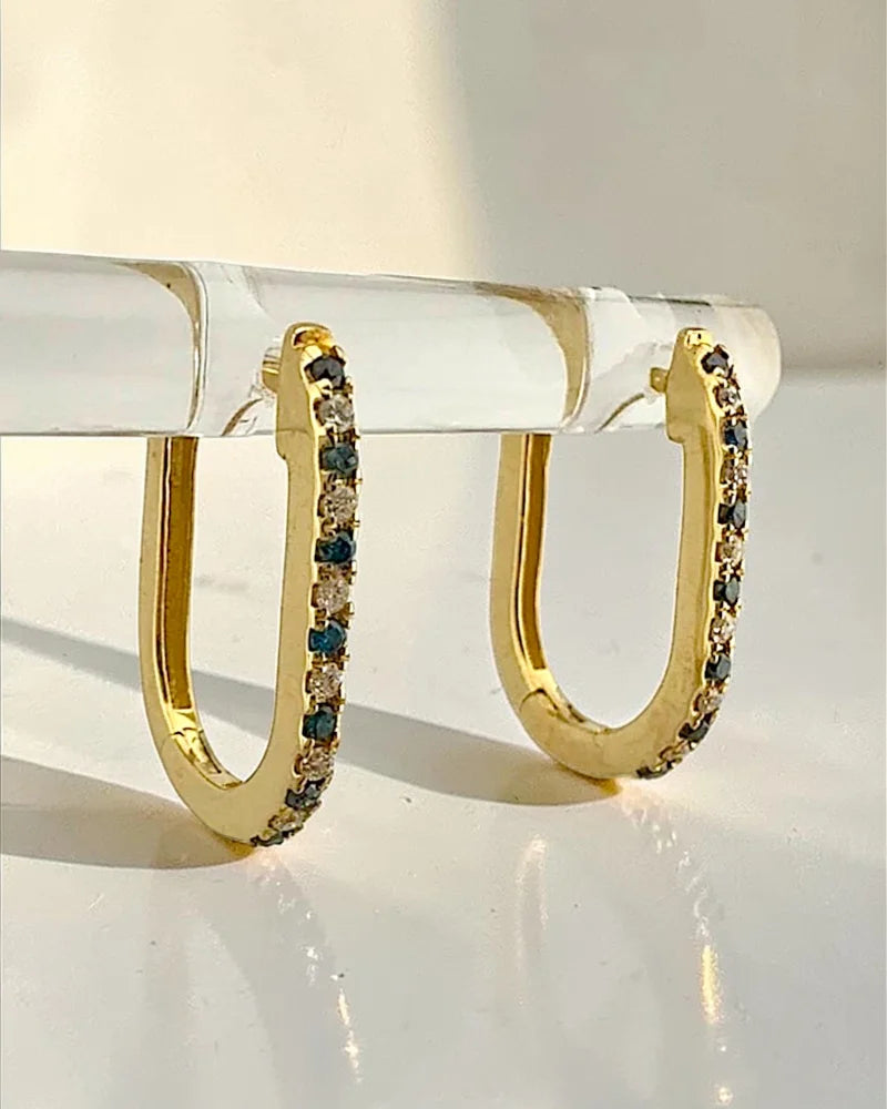 14K Gold Blue and White Diamond Hoop Earrings - 14K Solid Gold - Free shipping - 4