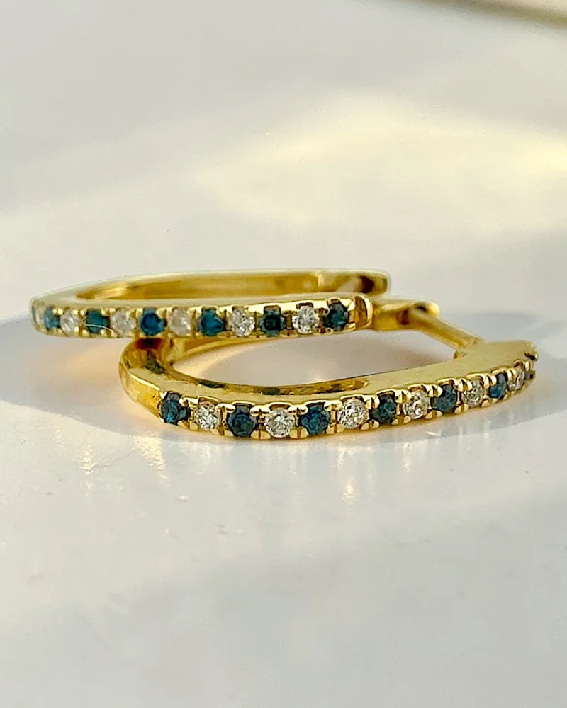 14K Gold Blue and White Diamond Hoop Earrings - 14K Solid Gold - Free shipping - 2