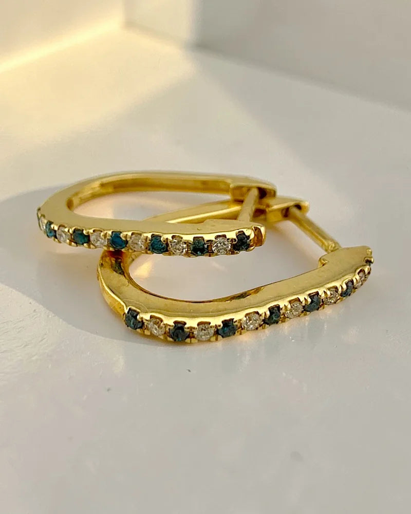 14K Gold Blue and White Diamond Hoop Earrings - 14K Solid Gold - Free shipping - 3