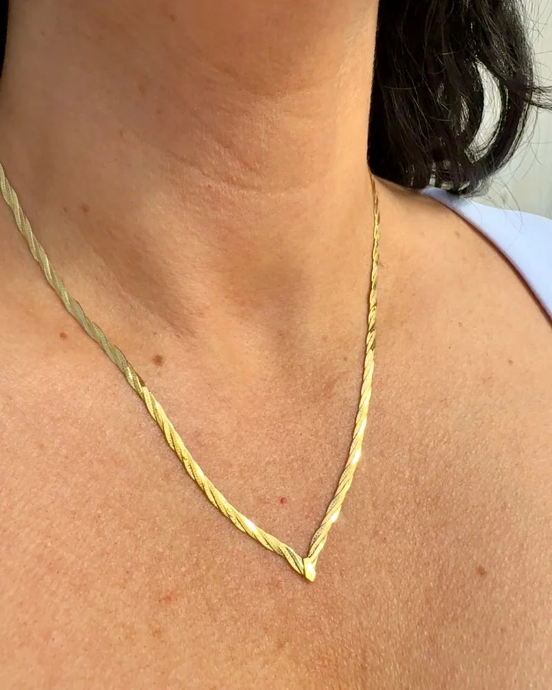 14K Gold Italian Flat Twisted Herringbone Chain Necklace 18 in - 14K Solid Gold - Free shipping - 1