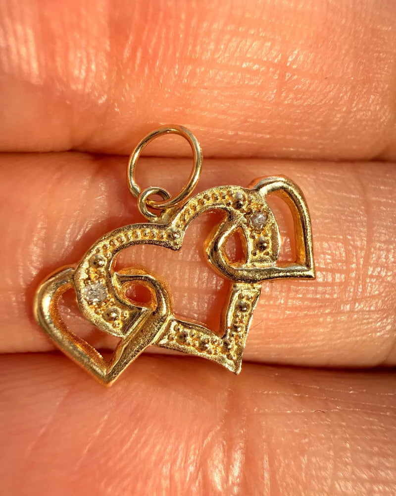 14K Gold Natural Diamond Triple Heart Pendant - 14K Solid Gold - Free shipping - 7