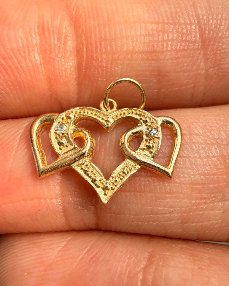 14K Gold Natural Diamond Triple Heart Pendant - 14K Solid Gold - Free shipping - 2