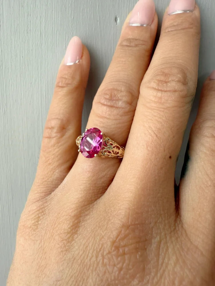 14K Gold Pink Sapphire Ring with Vintage Filigree - 14K Solid Gold - Free shipping - 5