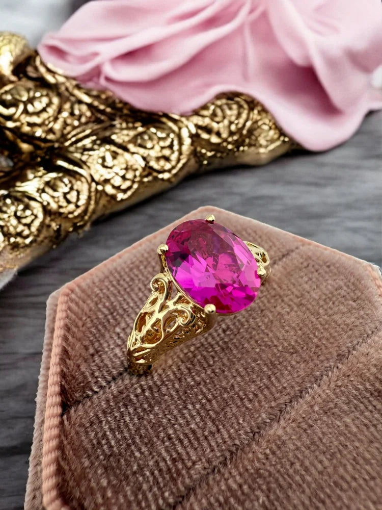 14K Gold Pink Sapphire Ring with Vintage Filigree - 14K Solid Gold - Free shipping - 3