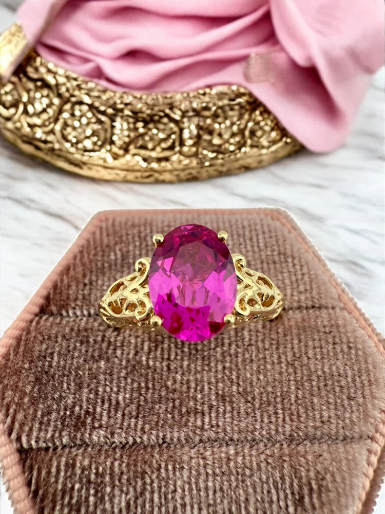 14K Gold Pink Sapphire Ring with Vintage Filigree - 14K Solid Gold - Free shipping - 1