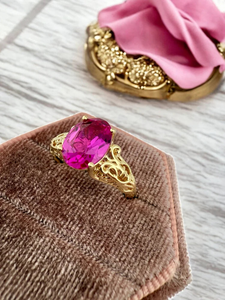 14K Gold Pink Sapphire Ring with Vintage Filigree - 14K Solid Gold - Free shipping - 2