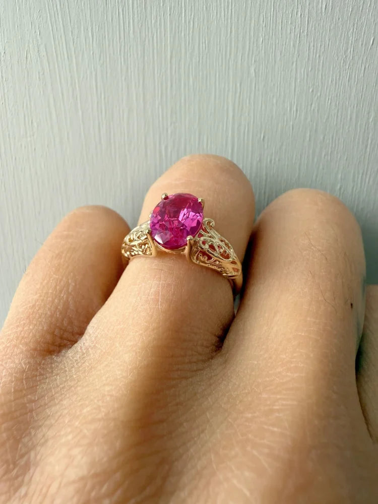14K Gold Pink Sapphire Ring with Vintage Filigree - 14K Solid Gold - Free shipping - 6