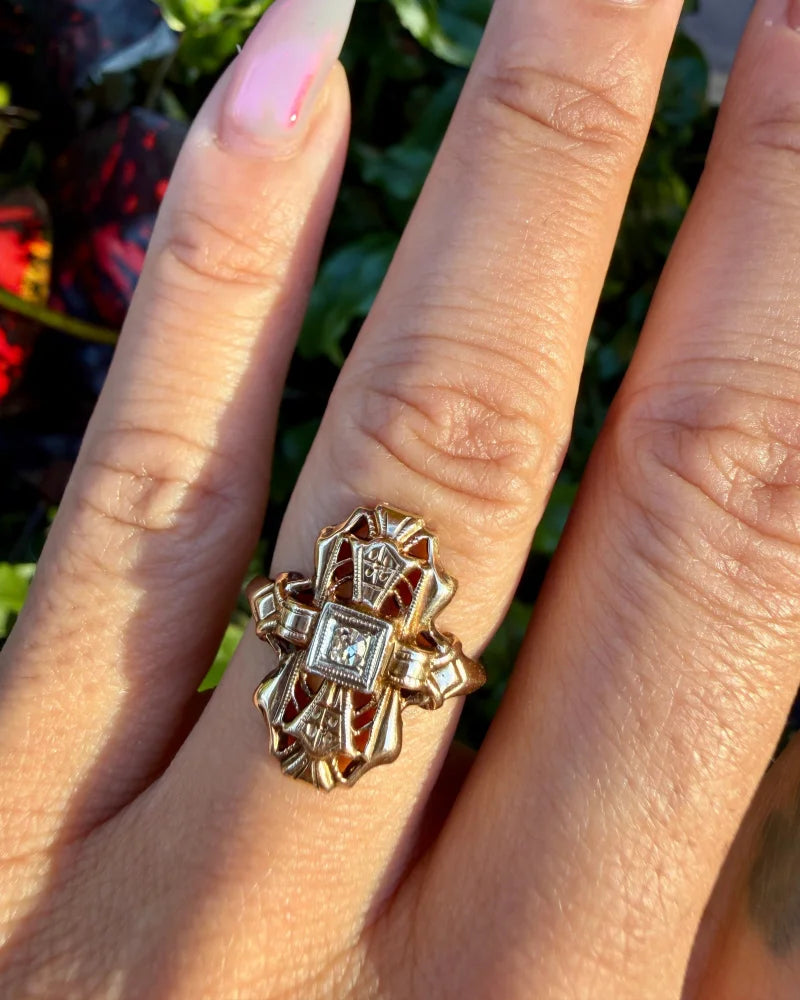 14K Gold Vintage Diamond Navette Openwork Bow Ring - 14K Solid Gold - Free shipping - 13