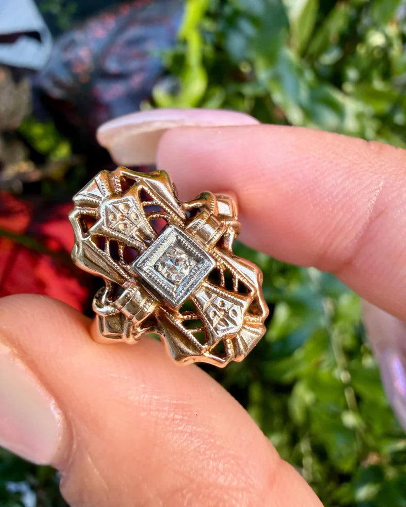 14K Gold Vintage Diamond Navette Openwork Bow Ring - 14K Solid Gold - Free shipping - 3