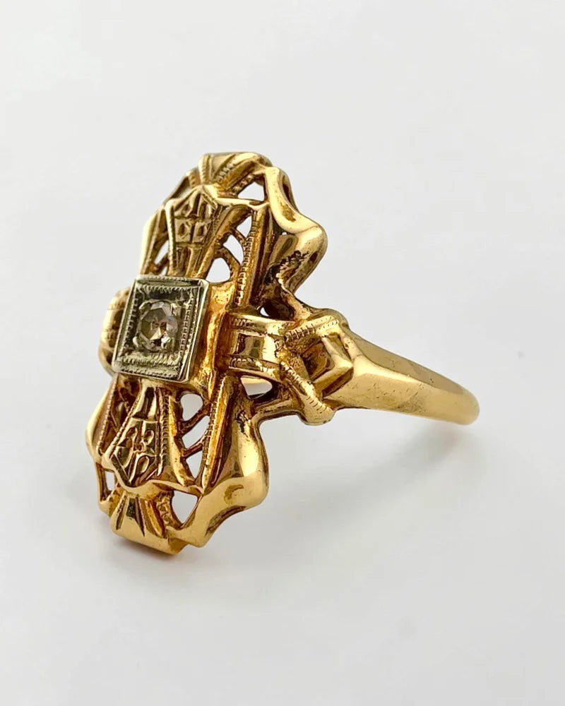 14K Gold Vintage Diamond Navette Openwork Bow Ring - 14K Solid Gold - Free shipping - 4