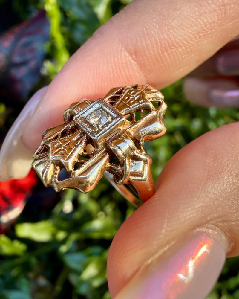 14K Gold Vintage Diamond Navette Openwork Bow Ring - 14K Solid Gold - Free shipping - 7
