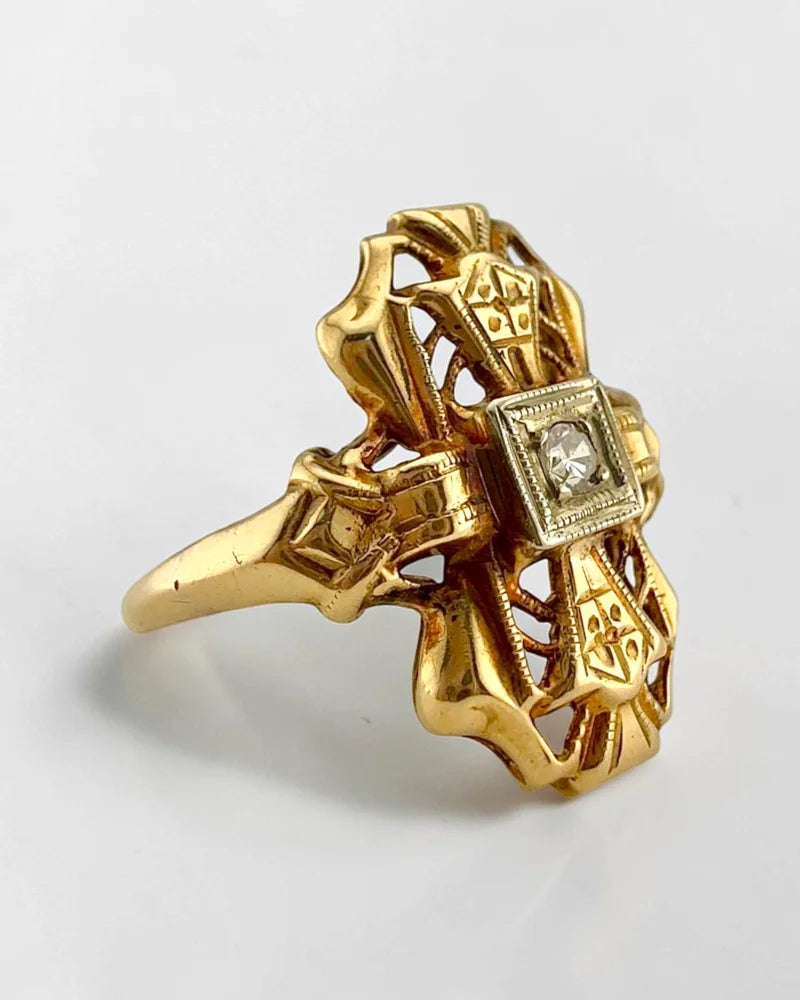 14K Gold Vintage Diamond Navette Openwork Bow Ring - 14K Solid Gold - Free shipping - 6