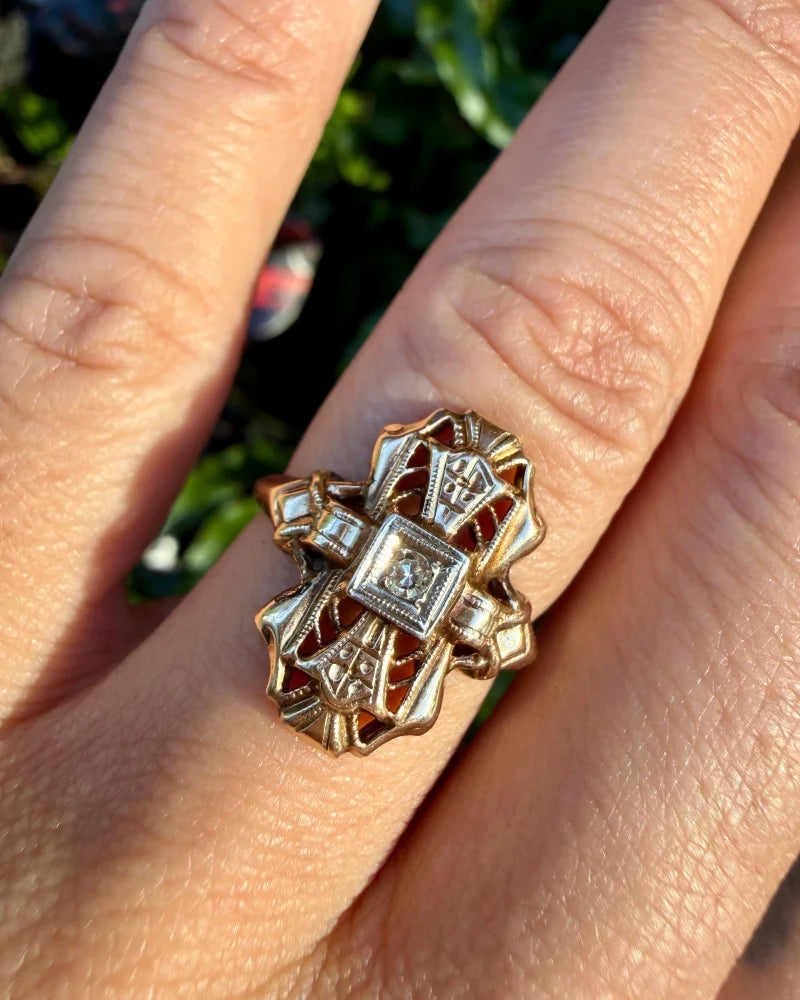 14K Gold Vintage Diamond Navette Openwork Bow Ring - 14K Solid Gold - Free shipping - 9