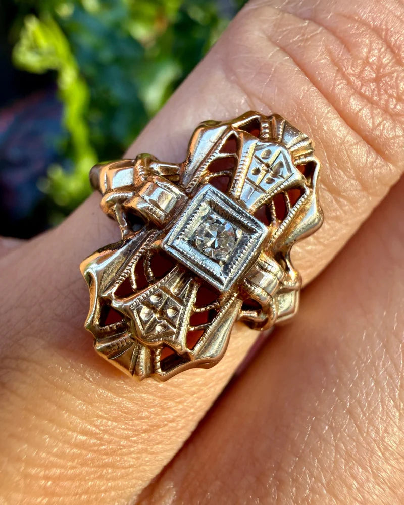 14K Gold Vintage Diamond Navette Openwork Bow Ring - 14K Solid Gold - Free shipping - 1