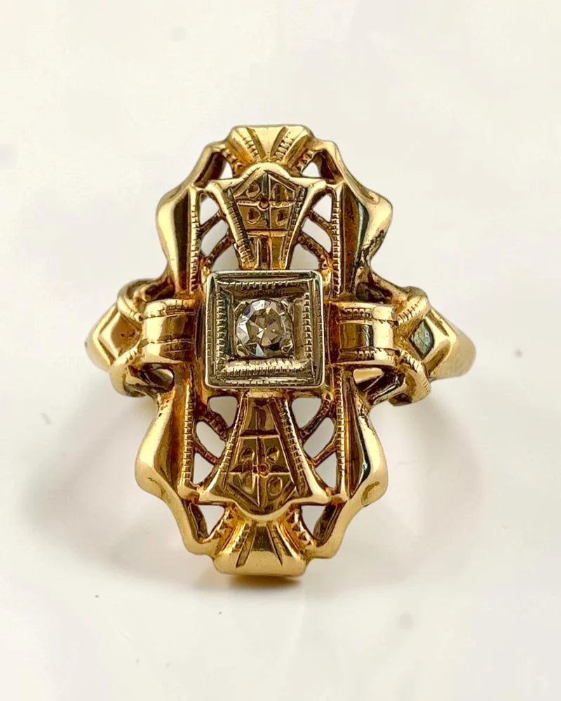 14K Gold Vintage Diamond Navette Openwork Bow Ring - 14K Solid Gold - Free shipping - 2