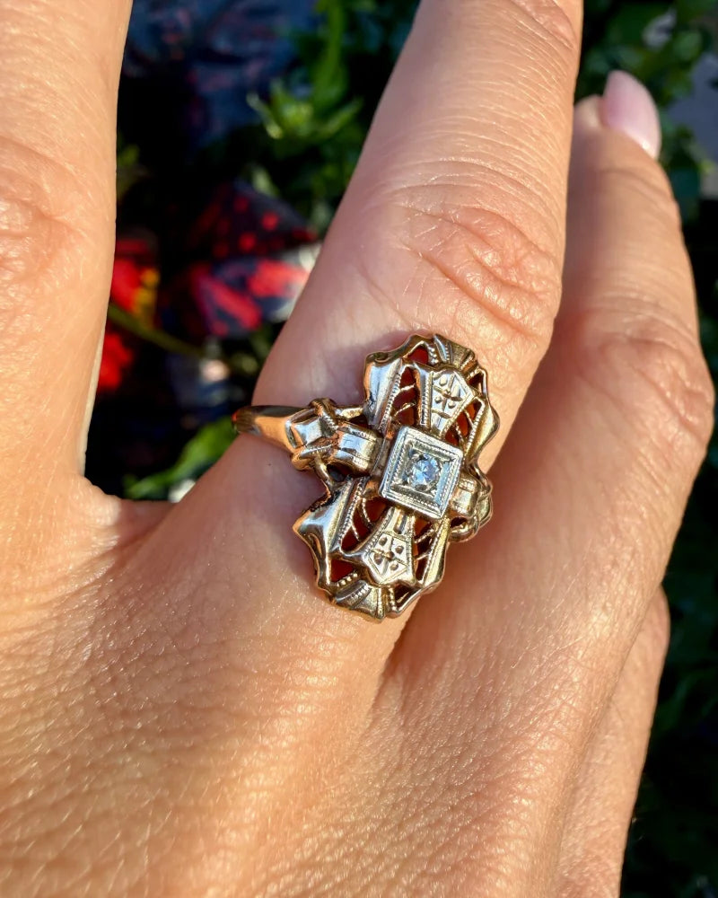 14K Gold Vintage Diamond Navette Openwork Bow Ring - 14K Solid Gold - Free shipping - 11