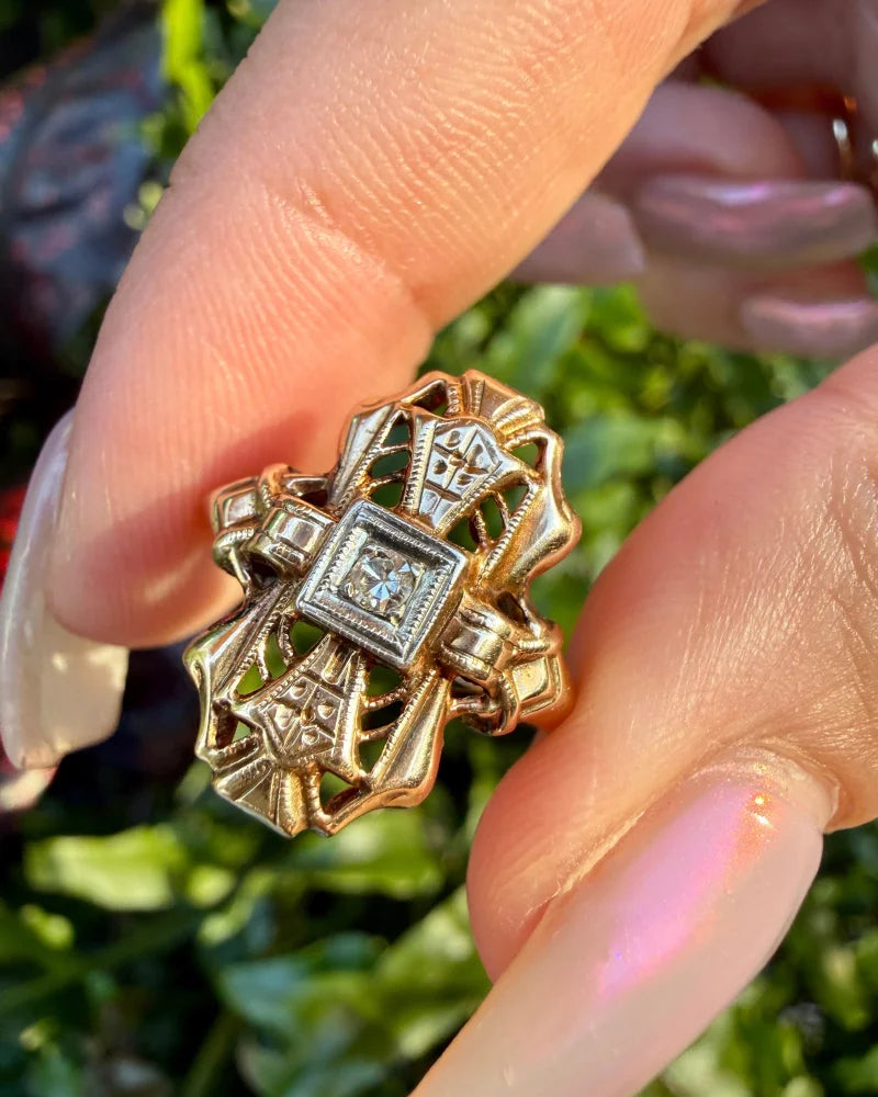 14K Gold Vintage Diamond Navette Openwork Bow Ring - 14K Solid Gold - Free shipping - 14