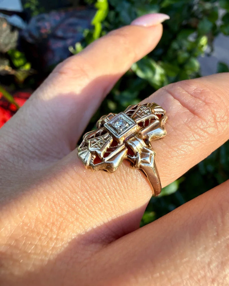 14K Gold Vintage Diamond Navette Openwork Bow Ring - 14K Solid Gold - Free shipping - 5