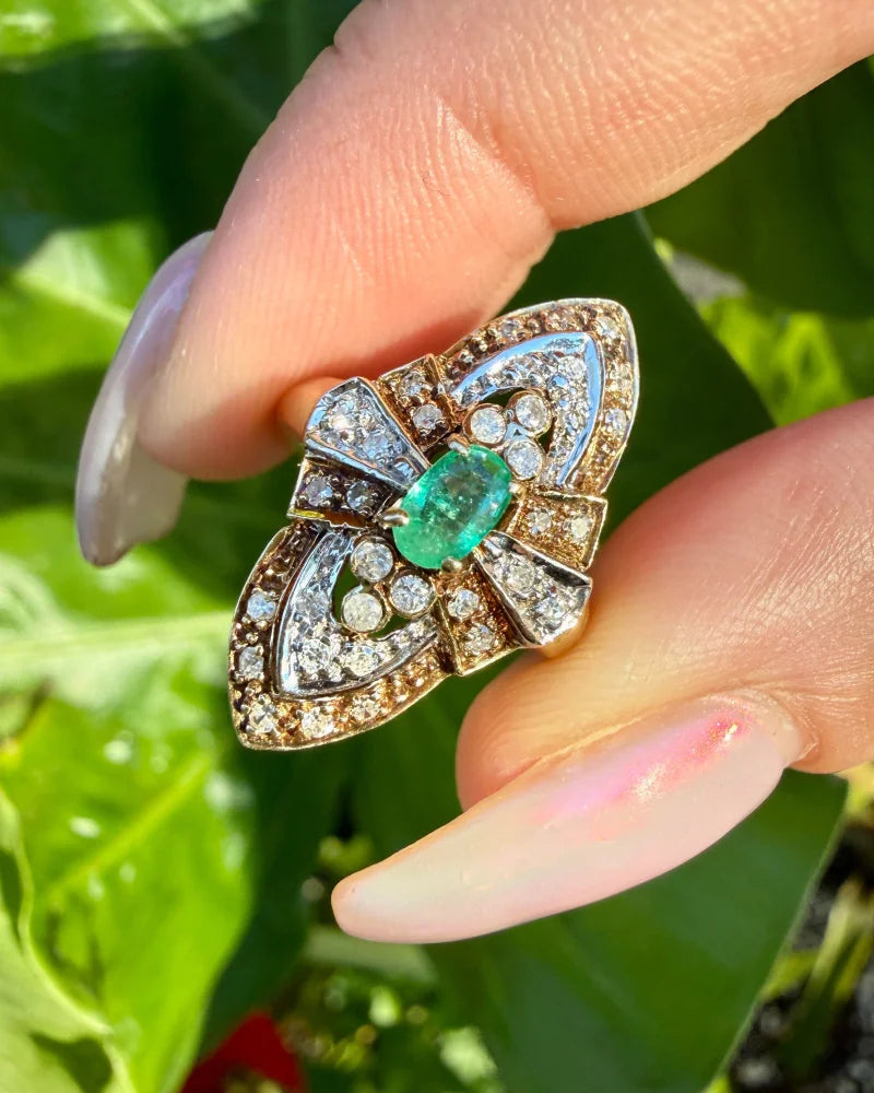 14K Two-Tone Gold Emerald & Diamond Navette Cluster Ring - 14K Solid Gold - Free shipping - 4