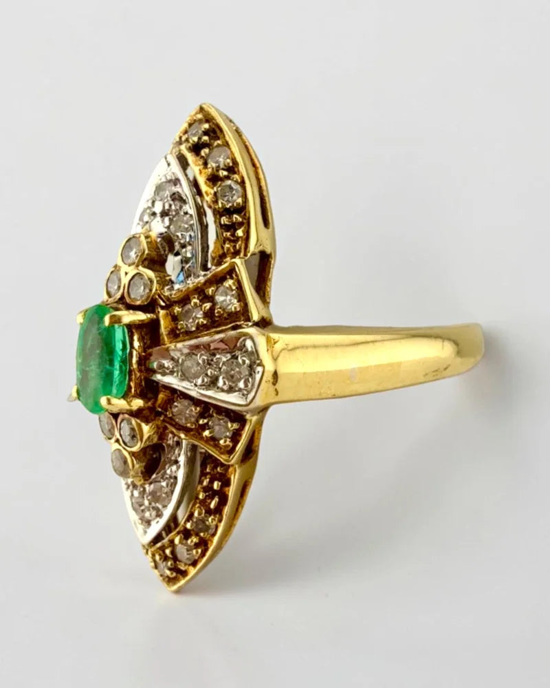 14K Two-Tone Gold Emerald & Diamond Navette Cluster Ring - 14K Solid Gold - Free shipping - 6