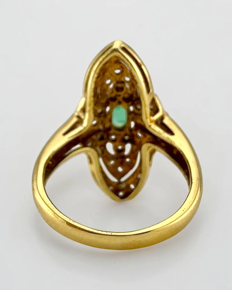 14K Two-Tone Gold Emerald & Diamond Navette Cluster Ring - 14K Solid Gold - Free shipping - 9