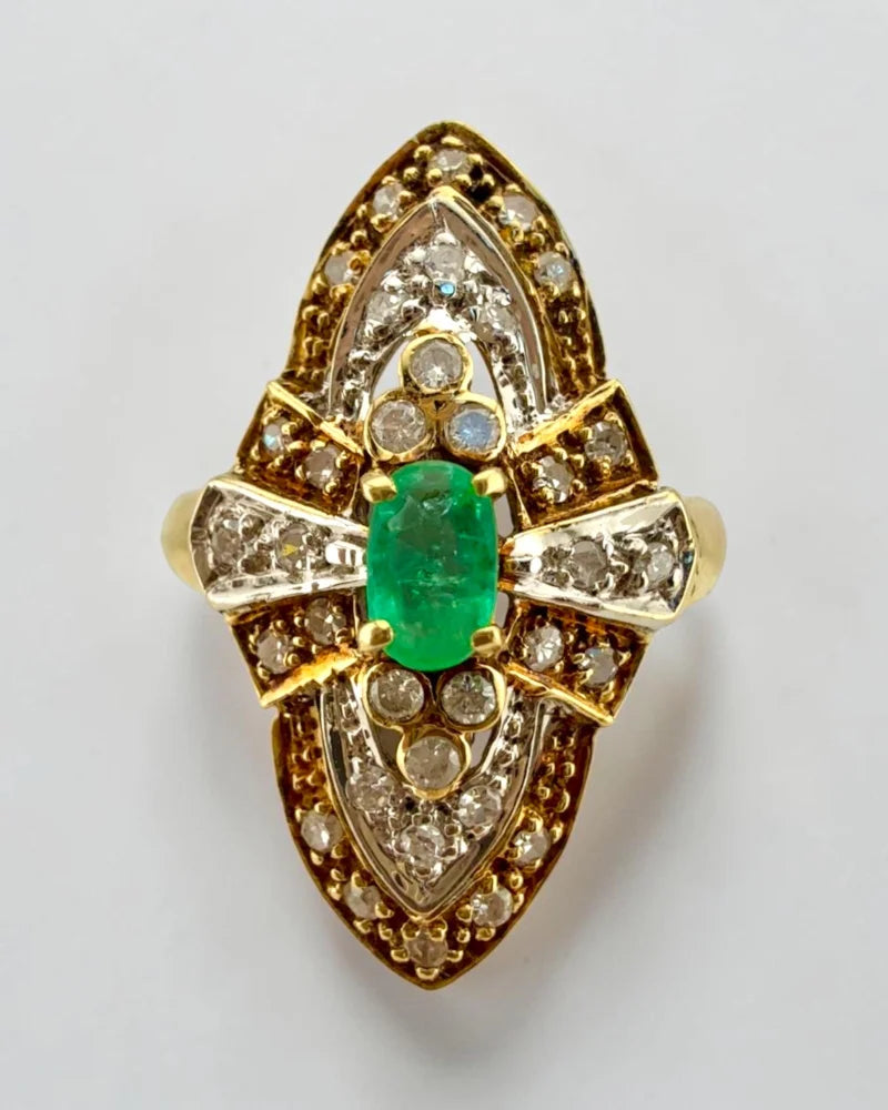 14K Two-Tone Gold Emerald & Diamond Navette Cluster Ring - 14K Solid Gold - Free shipping - 3
