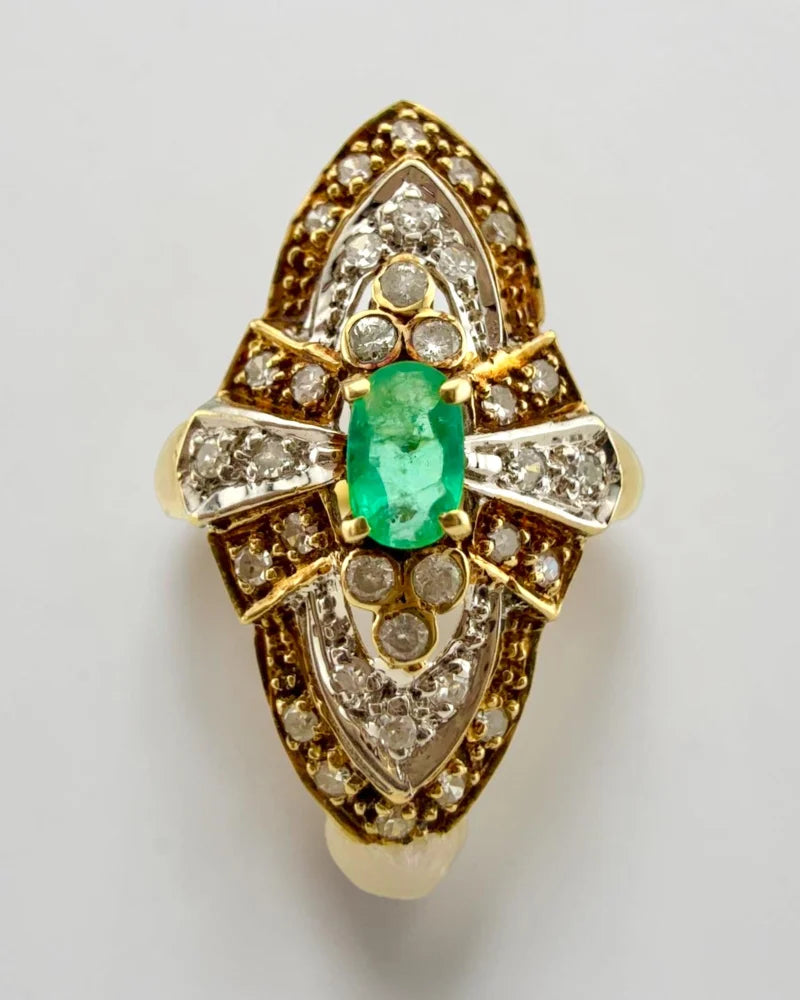 14K Two-Tone Gold Emerald & Diamond Navette Cluster Ring - 14K Solid Gold - Free shipping - 1