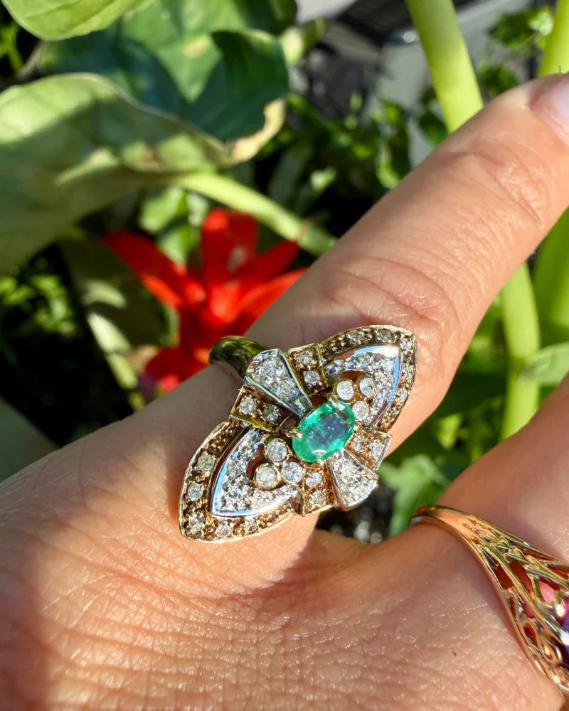 14K Two-Tone Gold Emerald & Diamond Navette Cluster Ring - 14K Solid Gold - Free shipping - 5