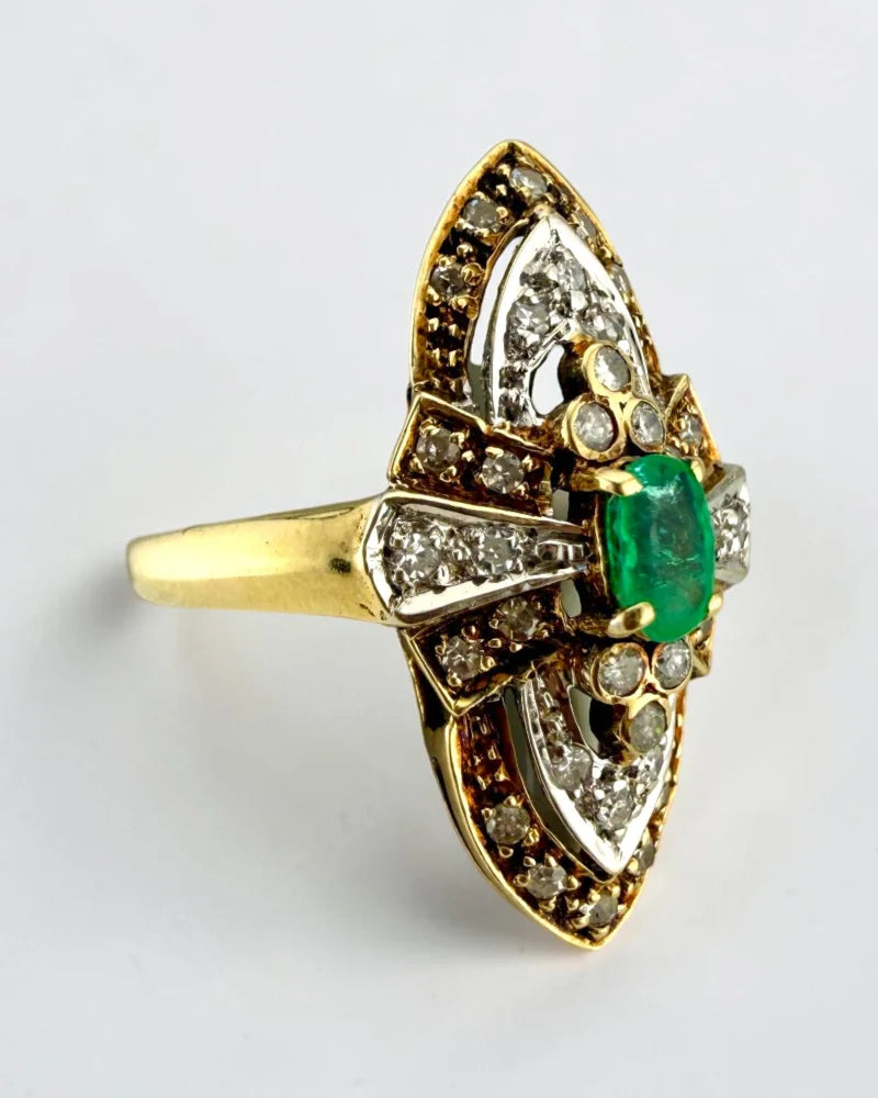 14K Two-Tone Gold Emerald & Diamond Navette Cluster Ring - 14K Solid Gold - Free shipping - 7