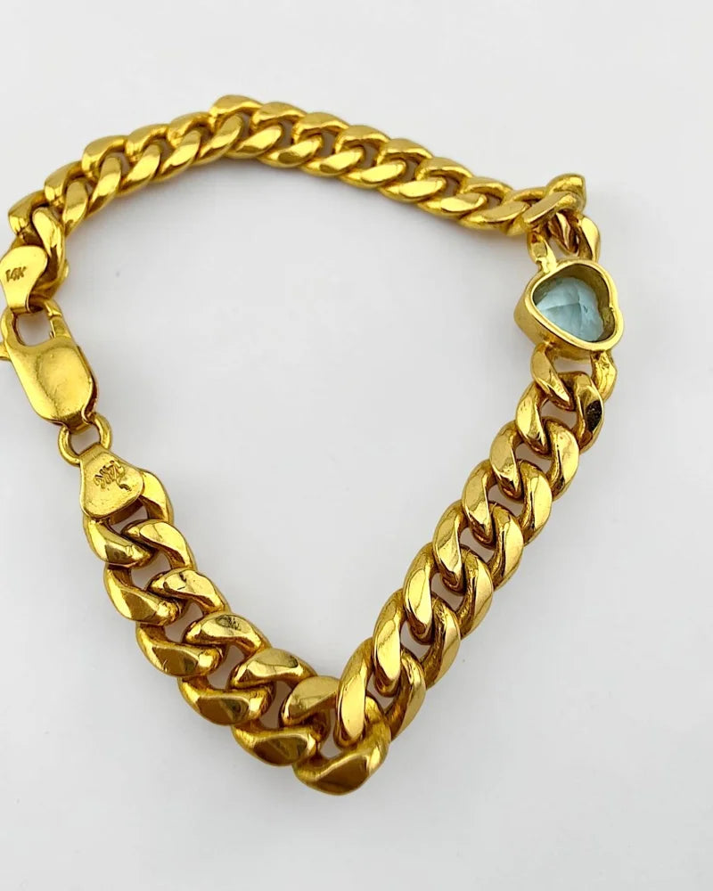 14K Yellow Gold Curb Link Bracelet | 1.80 ct Heart Aquamarine - 14K Solid Gold - Free shipping - 5