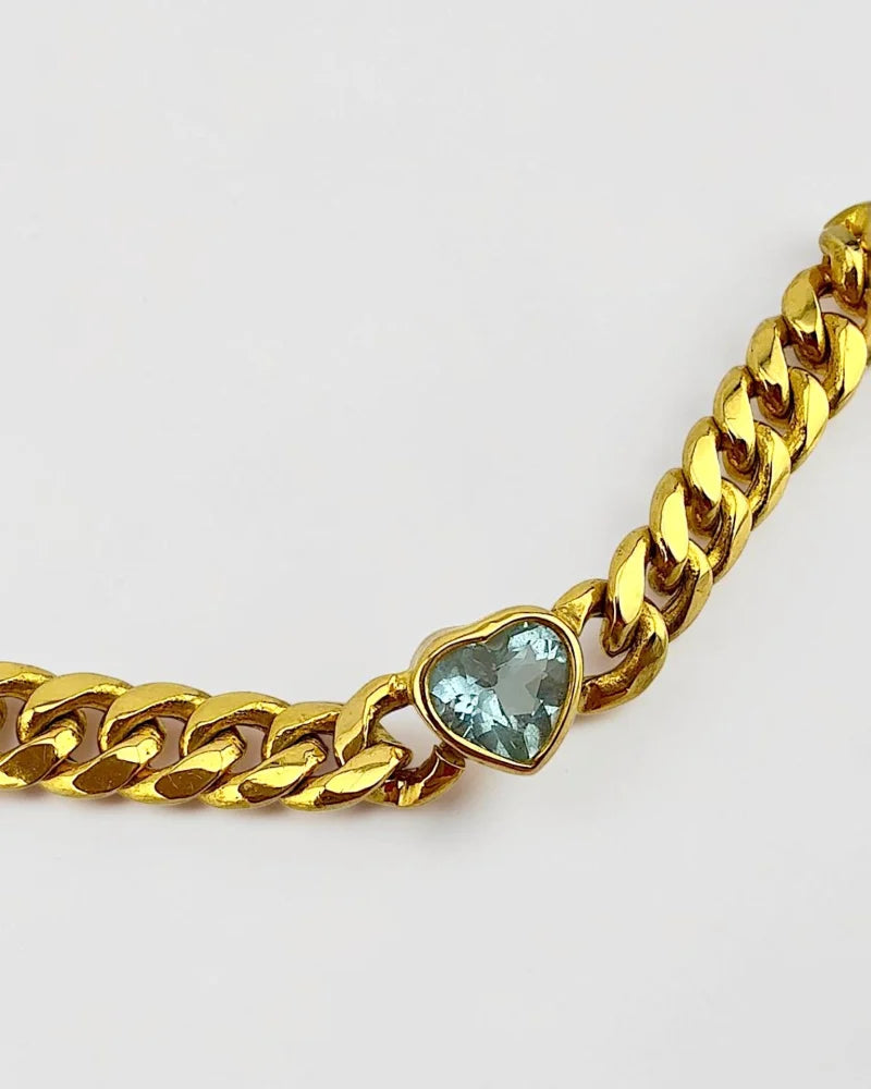 14K Yellow Gold Curb Link Bracelet | 1.80 ct Heart Aquamarine - 14K Solid Gold - Free shipping - 3