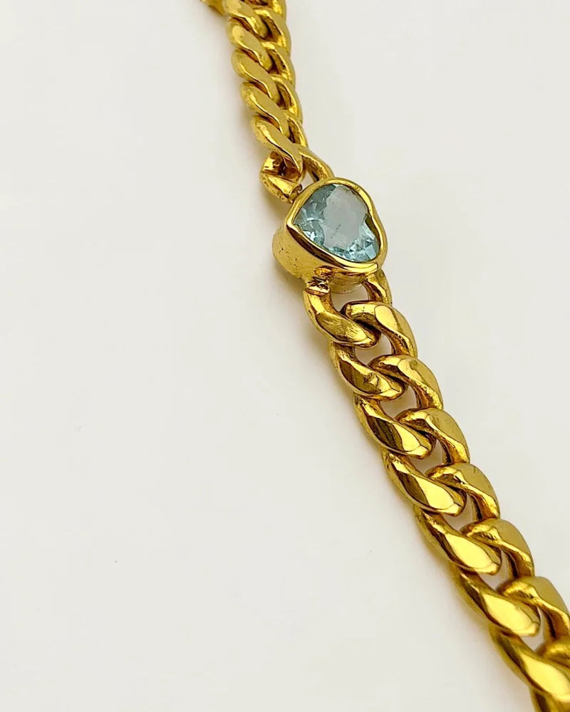 14K Yellow Gold Curb Link Bracelet | 1.80 ct Heart Aquamarine - 14K Solid Gold - Free shipping - 7