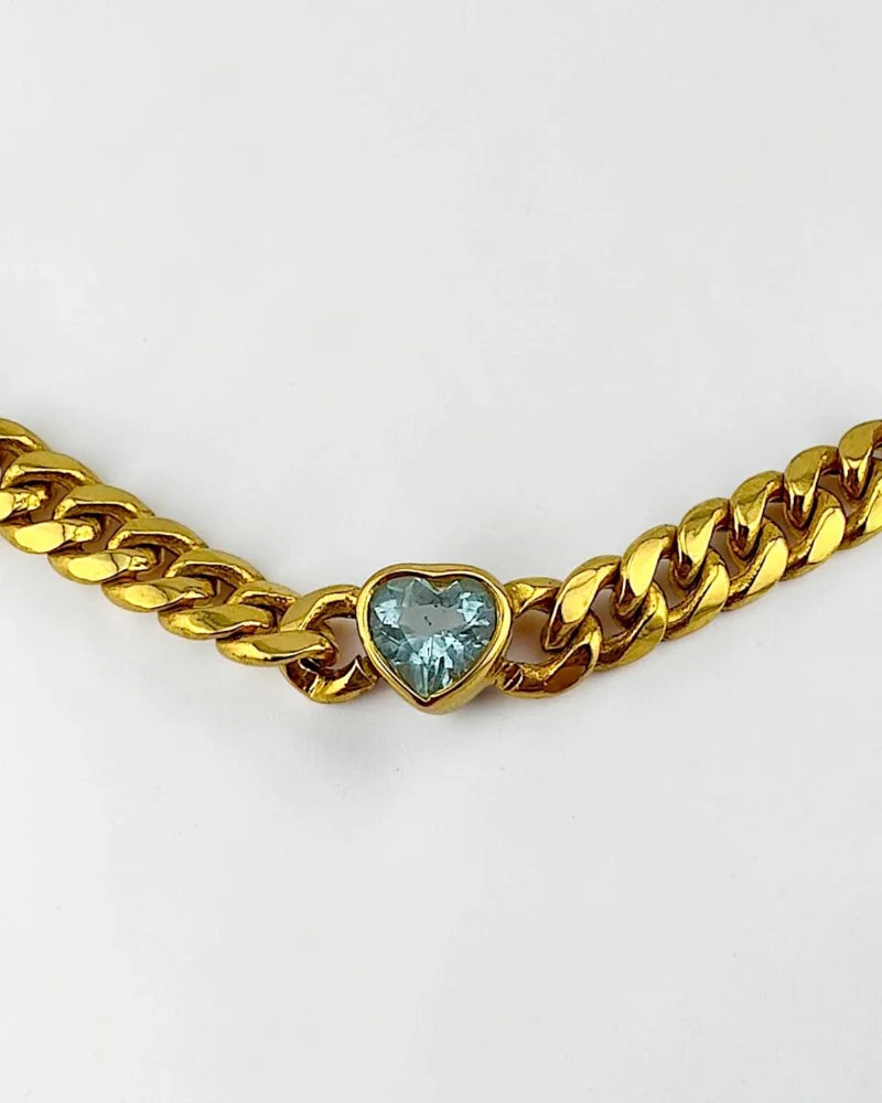 14K Yellow Gold Curb Link Bracelet | 1.80 ct Heart Aquamarine - 14K Solid Gold - Free shipping - 1