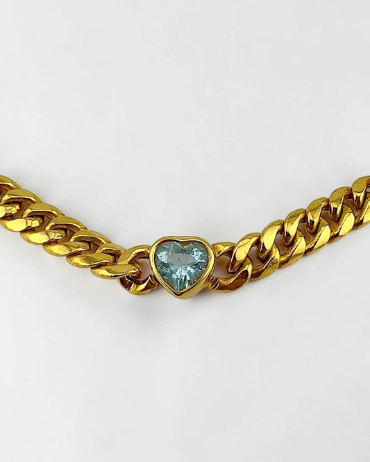 14K Yellow Gold Curb Link Bracelet | 1.80 ct Heart Aquamarine - 14K Solid Gold - Free shipping - 1