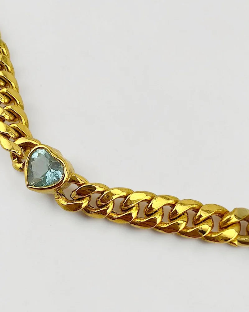 14K Yellow Gold Curb Link Bracelet | 1.80 ct Heart Aquamarine - 14K Solid Gold - Free shipping - 6
