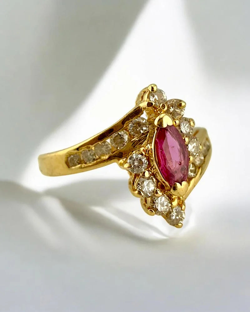 14K Yellow Gold Marquise Ruby and Diamond Halo Ring - 14K Solid Gold - Free shipping - 3