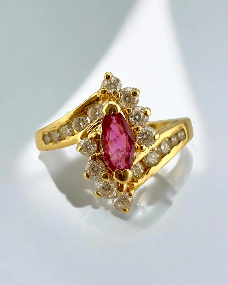 14K Yellow Gold Marquise Ruby and Diamond Halo Ring - 14K Solid Gold - Free shipping - 1