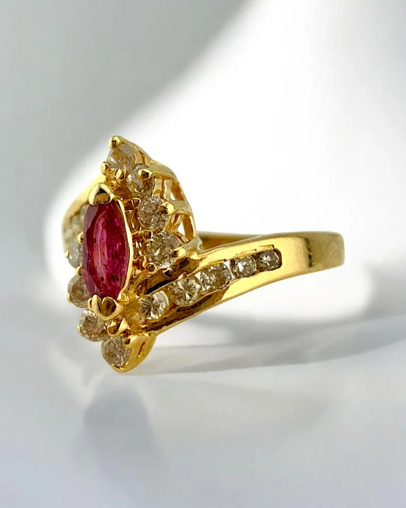 14K Yellow Gold Marquise Ruby and Diamond Halo Ring - 14K Solid Gold - Free shipping - 4