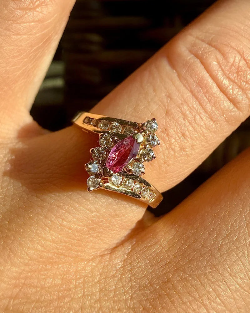 14K Yellow Gold Marquise Ruby and Diamond Halo Ring - 14K Solid Gold - Free shipping - 2